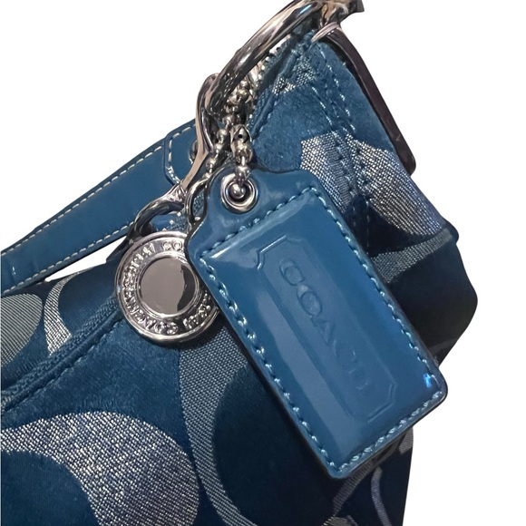 COACH F20428 Signature Handbag Teal Green Silver Jacquard Women Vintage - Picture 7 of 12